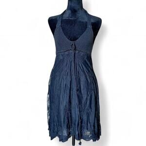 90s Vintage Black Halter Lace Dress – Boho Goth Midi[S]